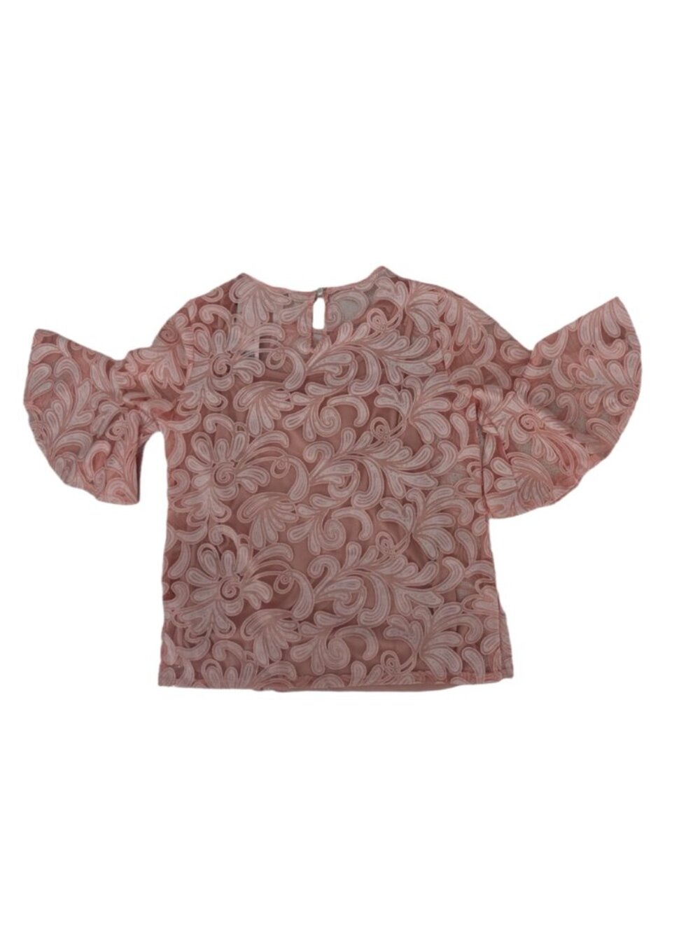 NY Collection Women Floral Burnout Blouse PM Petite Medium Peach Bell Sleeve - Picture 3 of 5